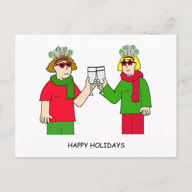 Postal Festiva Felices fiestas, pareja de lesbianas con atuendos  (Anverso)