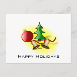 Postal Festiva Felices Fiestas ~ Pelota roja, campanas y árbol