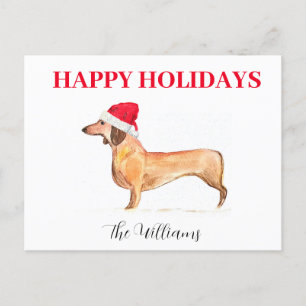 Postal Festiva Felices Fiestas perro Dachshund Elegante acuarela
