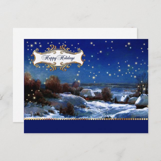 Postal Festiva Felices Fiestas. Pintura de pueblo Snowy (Anverso / Reverso)