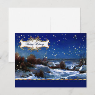 Postal Festiva Felices Fiestas. Pintura de pueblo Snowy
