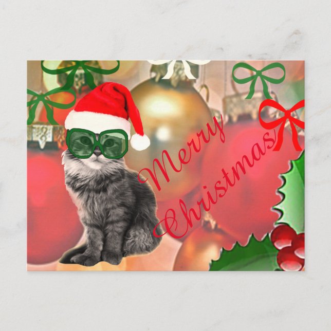 Postal Festiva Felices fiestas Santa Claus gato (Anverso)