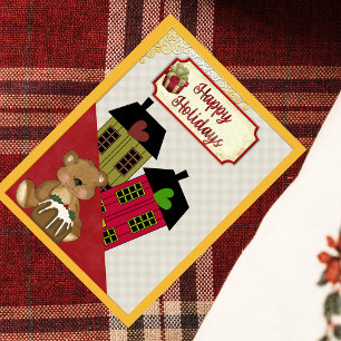 Postal Festiva Felices Fiestas Teddy Bear Heares Homes Retro
