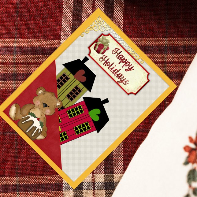 Postal Festiva Felices Fiestas Teddy Bear Heares Homes Retro (Subido por el creador)
