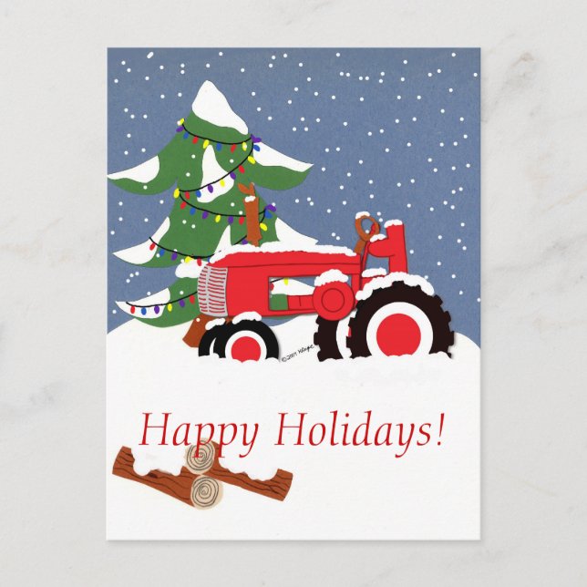 Postal Festiva Felices fiestas! Tractor rojo (Anverso)