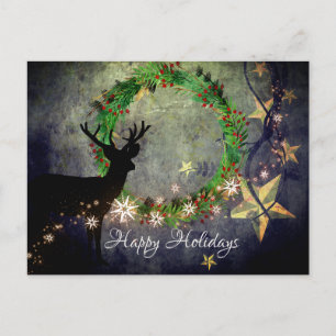 Postal Festiva Felices fiestas, venados, copos de nieve y estrell