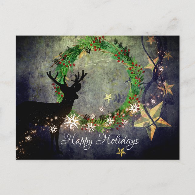 Postal Festiva Felices fiestas, venados, copos de nieve y estrell (Anverso)