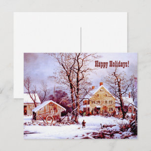 Postal Festiva Felices Fiestas. Vintage Farm Winter Scene