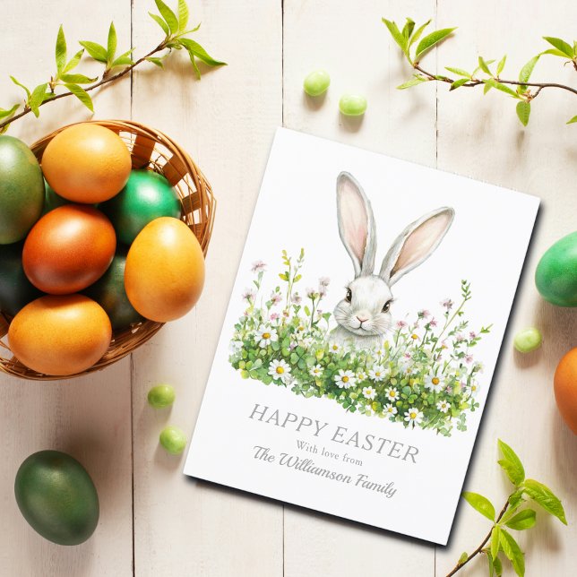 Postal Festiva Felices Floraciones de Conejo Blanco de Pascua Per (Mockup showing front of Postcard design, back is blank for your own message)