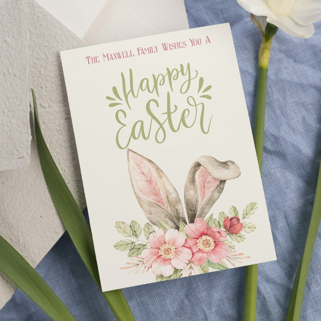 Postal Festiva Felices Flores acuáticas de Semana Santa de Cuta C (Happy Easter Cute Bunny Ears Watercolor Flowers Holiday Postcard
)
