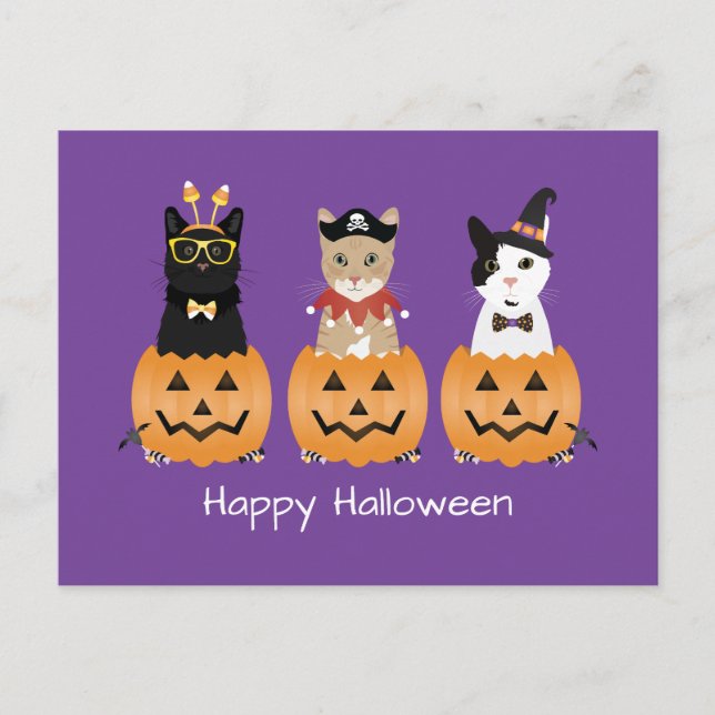 Postal Festiva Felices gatos de Halloween Jack O Lantern (Anverso)