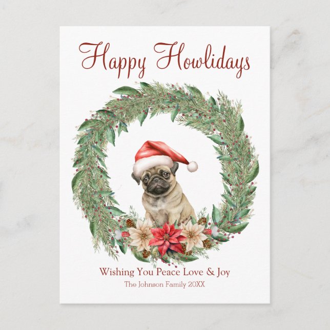 Postal Festiva Felices Howlidays Cute Pug Dog (Anverso)