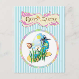 Postal Festiva Felices huevos de Pascua y mariposas en franjas az