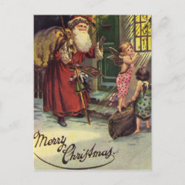Postal Festiva Felices Navidad, vintage, Santa con ángeles
