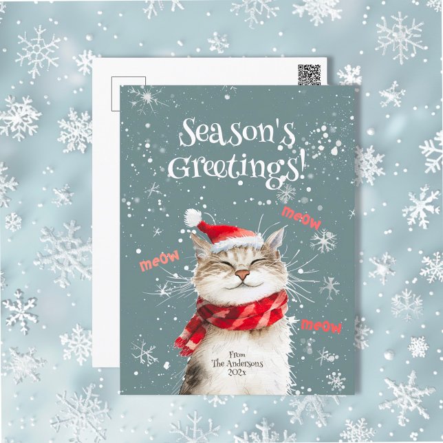 Postal Festiva Felices Navidades de Cat Meow (Happy Cat Season's Greetings holiday postcard)