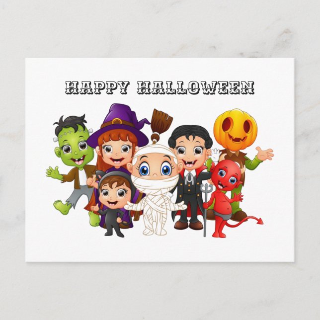 Postal Festiva Felices niños de Halloween disfrazados (Anverso)