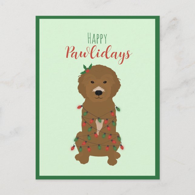 Postal Festiva Felices Pawlidays Luces de Navidades Goldendoodle (Anverso)