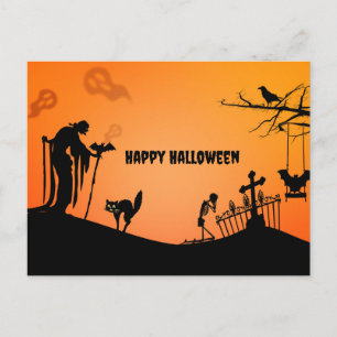Postal Festiva Felices siluetas de gatos y murciélagos de Hallowe