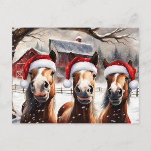 Postal Festiva Felices vacaciones Cute Caballos Santa Hat