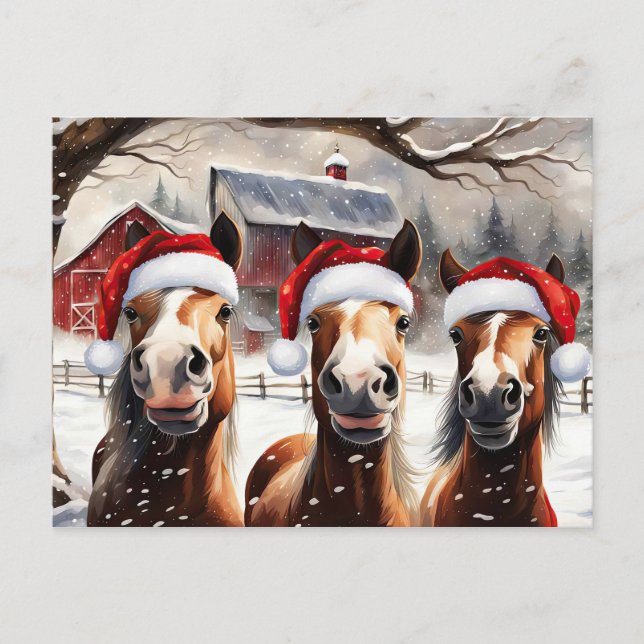 Postal Festiva Felices vacaciones Cute Caballos Santa Hat (Anverso)