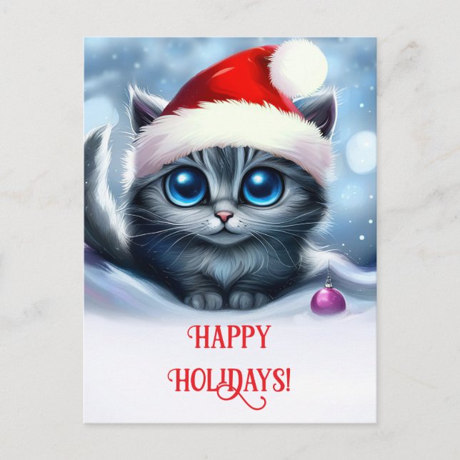 Postal Festiva Felices vacaciones Cute Kitten y Santa Hat (Anverso)