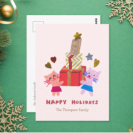 Postal Festiva Felices vacaciones Gatos Cuidados con Regalos Pink