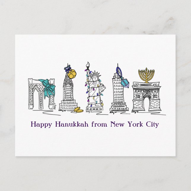 Postal Festiva Felices vacaciones judías de Hanukkah New York Cit (Anverso)