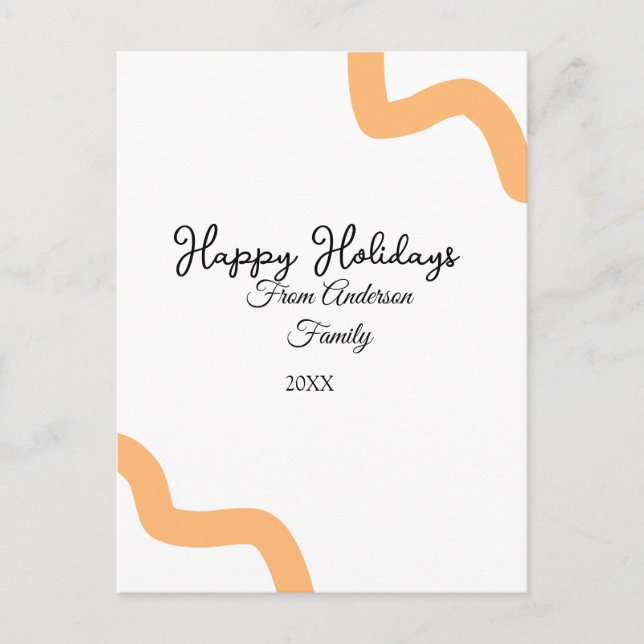 Postal Festiva Felices vacaciones naranja negro nombre fecha año  (Anverso)