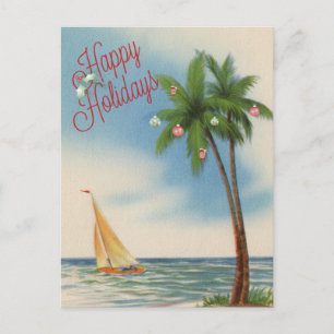 Postal Festiva Felices vacaciones Palm Tree y Sailboat
