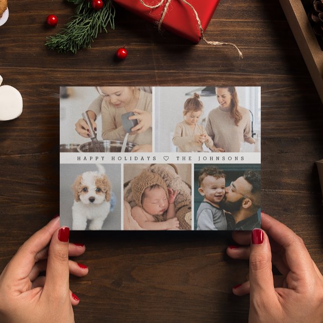 Postal Festiva Felices vacaciones Sencillo collage de fotos moder (Customizable family photo collage grid happy holidays postcard)