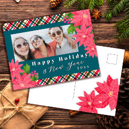 Postal Festiva Felicidad Navideña Flor de Nochebuena Foto Azul Te