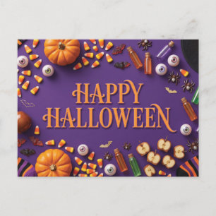 Postal Festiva Feliciz Halloween Composición plana sobre fondo pú