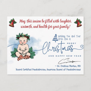 Postal Festiva Feliciz Navidad, saludo de bebé del pediatra