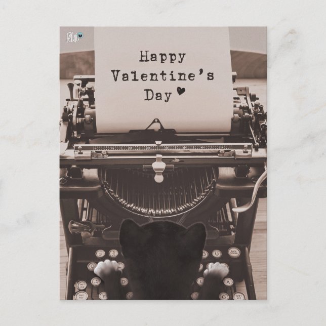 Postal Festiva Felini Cat tipeando Feliz Día de San Valentín - (Anverso)
