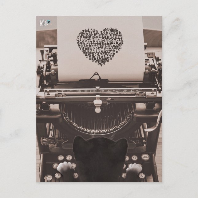 Postal Festiva Felini Gato Escribiendo Corazón de San Valentín - (Anverso)
