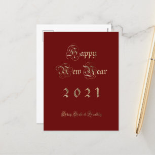 Postal Festiva Feliz Año Nuevo 2021 Elegante Guión Rojo y Oro