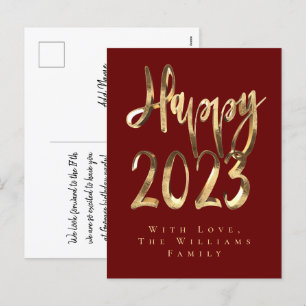 Postal Festiva Feliz Año Nuevo 2023 Elegante guión rojo y oro
