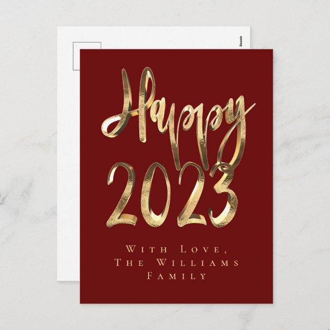 Postal Festiva Feliz Año Nuevo 2023 Elegante guión rojo y oro (Anverso / Reverso)
