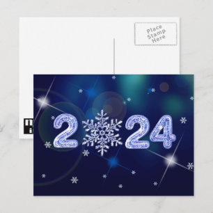 Postal Festiva Feliz Año Nuevo 2024. Copos de nieve y números de