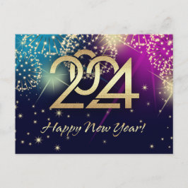 Postal Festiva Feliz Año Nuevo 2024. Fuegos artificiales
