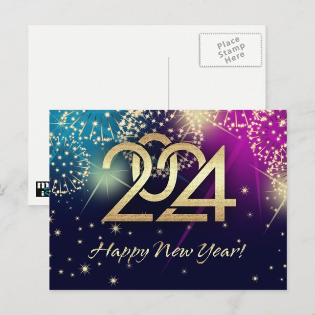 Postal Festiva Feliz Año Nuevo 2024. Fuegos artificiales (Anverso / Reverso)
