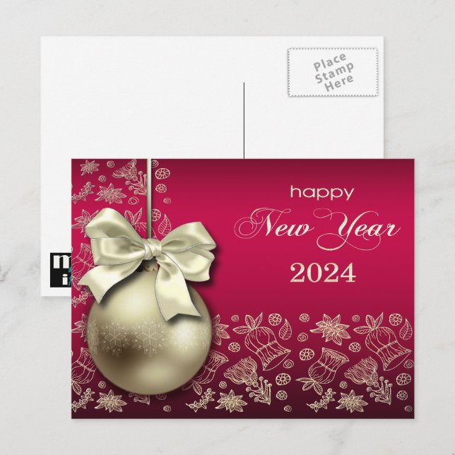 Postal Festiva Feliz Año Nuevo 2024. Navidades de oro bauble (Anverso / Reverso)