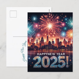 Postal Festiva Feliz Año Nuevo 2025, el paisaje de fuegos artific