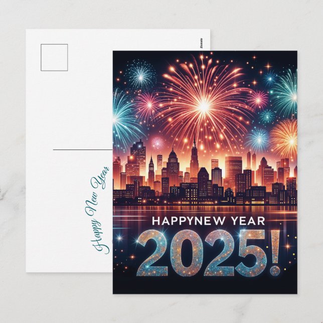 Postal Festiva Feliz Año Nuevo 2025, el paisaje de fuegos artific (Anverso / Reverso)