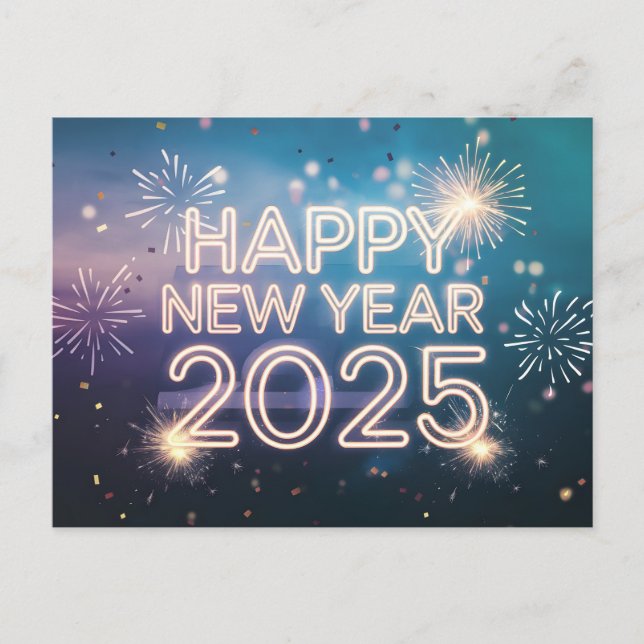 Postal Festiva Feliz Año Nuevo 2025, fuegos artificiales (Anverso)
