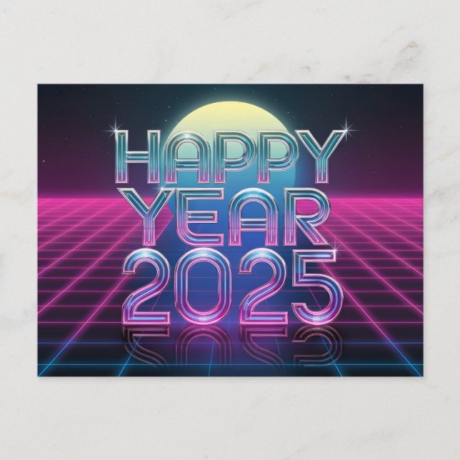 Postal Festiva Feliz Año Nuevo 2025 retro-futurista (Anverso)