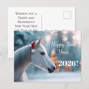Postal Festiva Feliz Año Nuevo 2026: Caballo festivo en Santa Hat