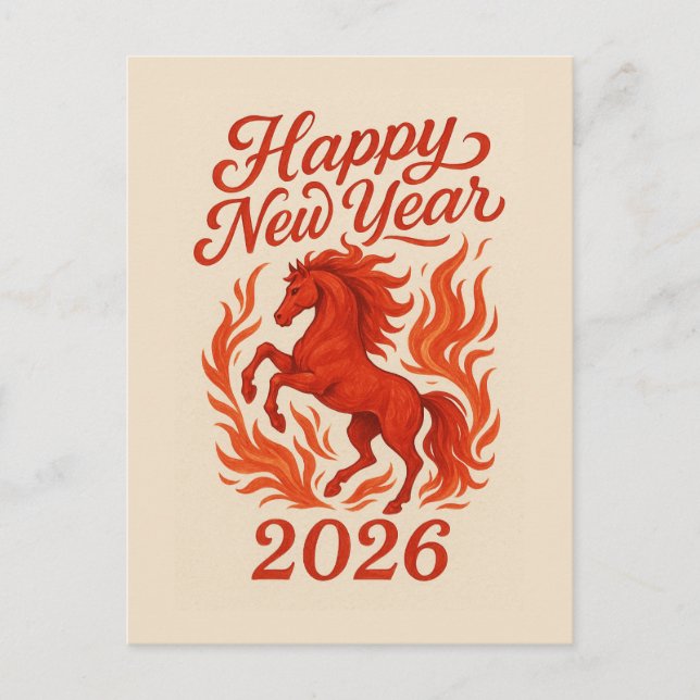Postal Festiva Feliz Año Nuevo 2026 Fiery Horse (Anverso)