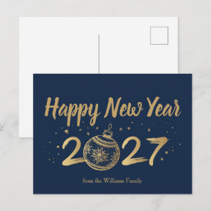 Postal Festiva Feliz Año Nuevo 2027 Chic Azul Marino Oro Personal