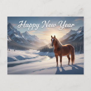 Postal Festiva Feliz Año Nuevo Caballo Rojo en Valle de Montaña